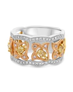 Wide Band with Pink and Yellow Diamond Floral Design