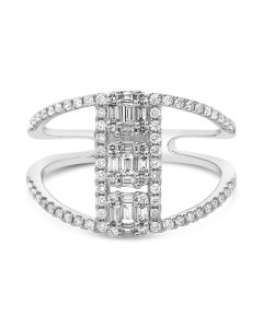 Baguette and Round Diamond Split Shank Ring in White Gold