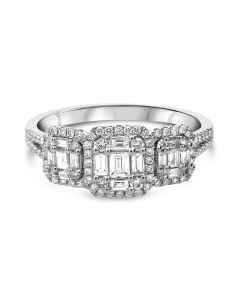 Three Stone Baguette and Round Diamond Ring in White Gold