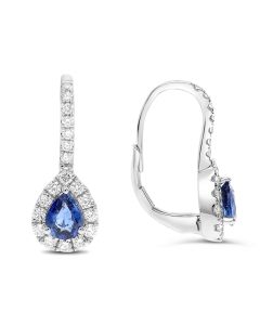 Sapphire and Diamond Drop Leverback Earrings in White Gold