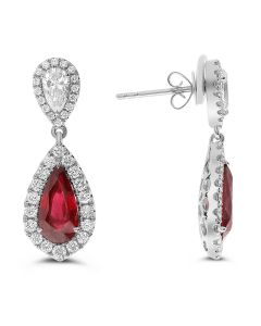Ruby and Diamond Halo Drop Earrings in 18K White Gold