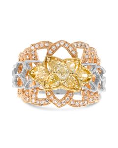18K Tricolor Gold Fashion Ring with Yellow and White Diamonds
