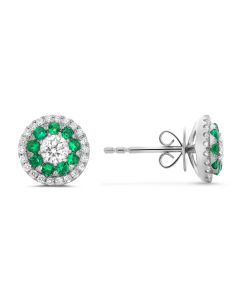 Diamond & Green Emerald Halo Stud Earrings