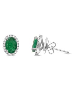 White Gold Oval Emerald Halo Stud Earrings