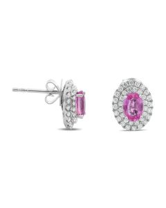 Oval Pink Sapphire Double Halo Stud Earrings