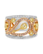 Wide Tricolor Gold Band with Diamond Floral Design